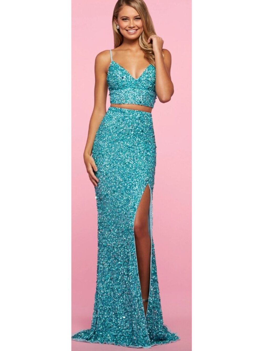 NWT Sherri Hill 53448 Light Blue Two Piece Sequin Skirt Set Size US 4 $450 [jb]